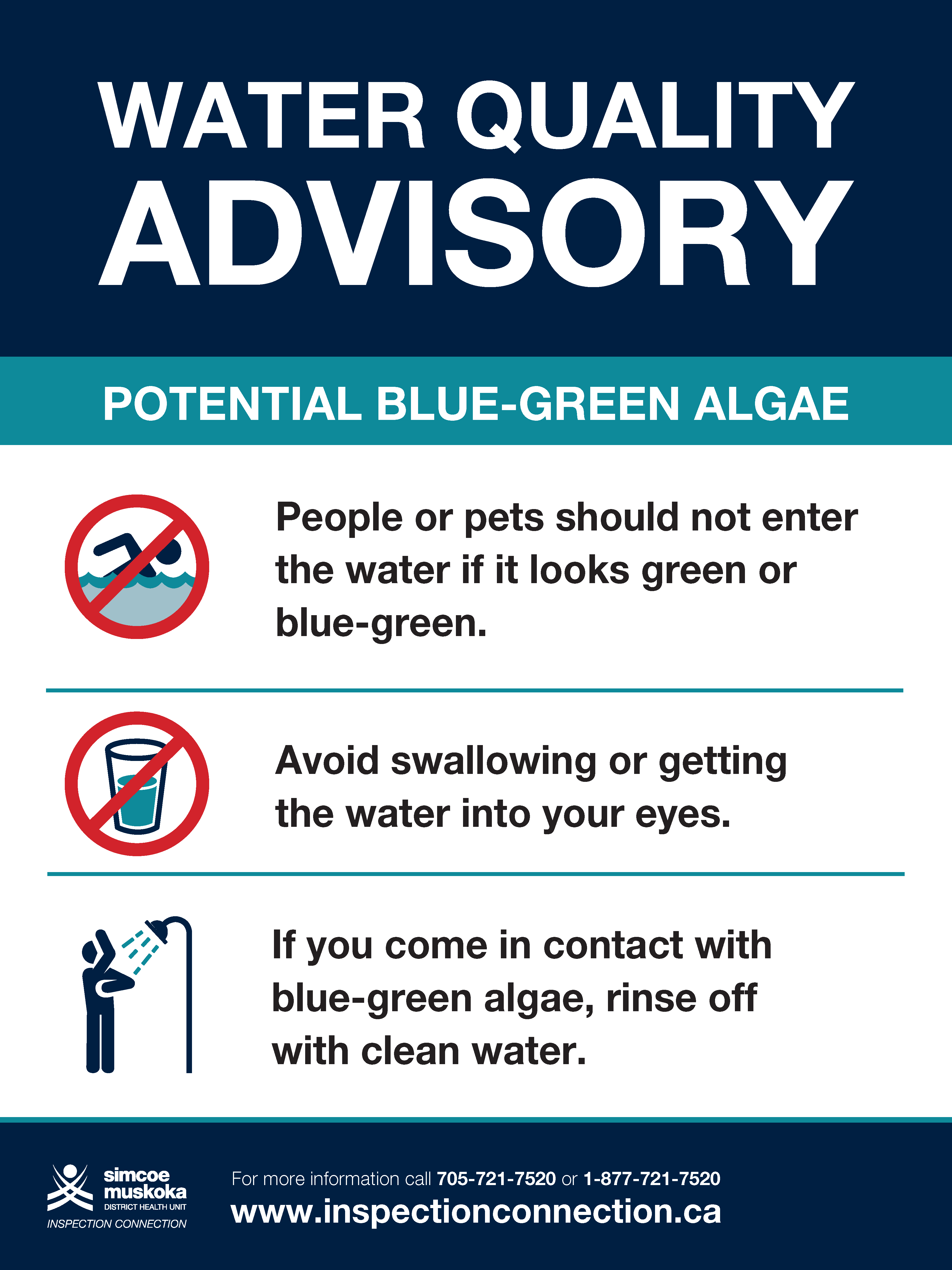 Blue-green algae bloom notice from the Simcoe Muskoka District Health Unit