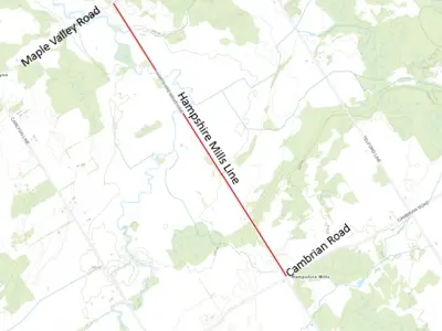 Red line on Hampshire Mills Road indicates the closed portion of the road
