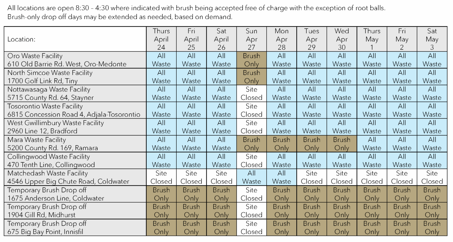 Locations and hours for debris and brush drop-off until May 3