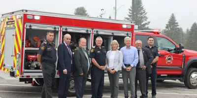 (Left to right): Deputy Fire Chief Robert Nagle, Mayor Mike Burkett, Councillor Jim McIntyre, Fire Chief Ritch Lowell, Deputy Mayor Judith Cox, Councillor Mark Taylor, Councillor Phil Brennan, Fire Prevention Officer Jake Hawkins